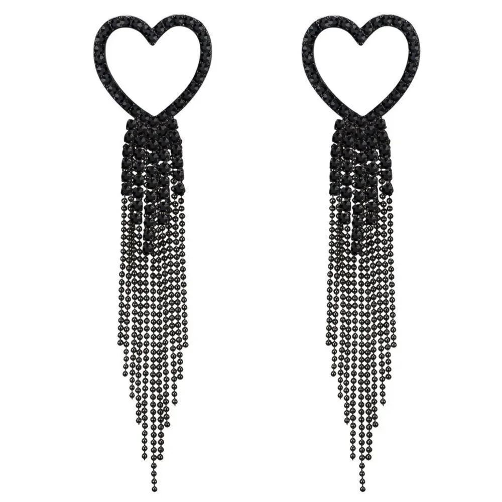 Black with Black Onyx Crystal Heart Beaded Tassel Post Back Dangling Earrings